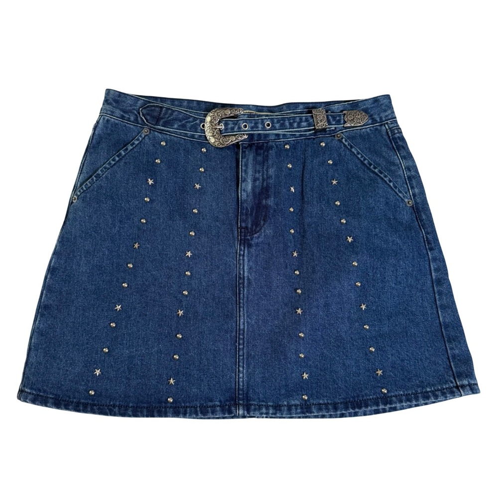 Rock & Roll Denim Womens Size 31 Studded Western Cotton Mini Skirt Ornate Belt